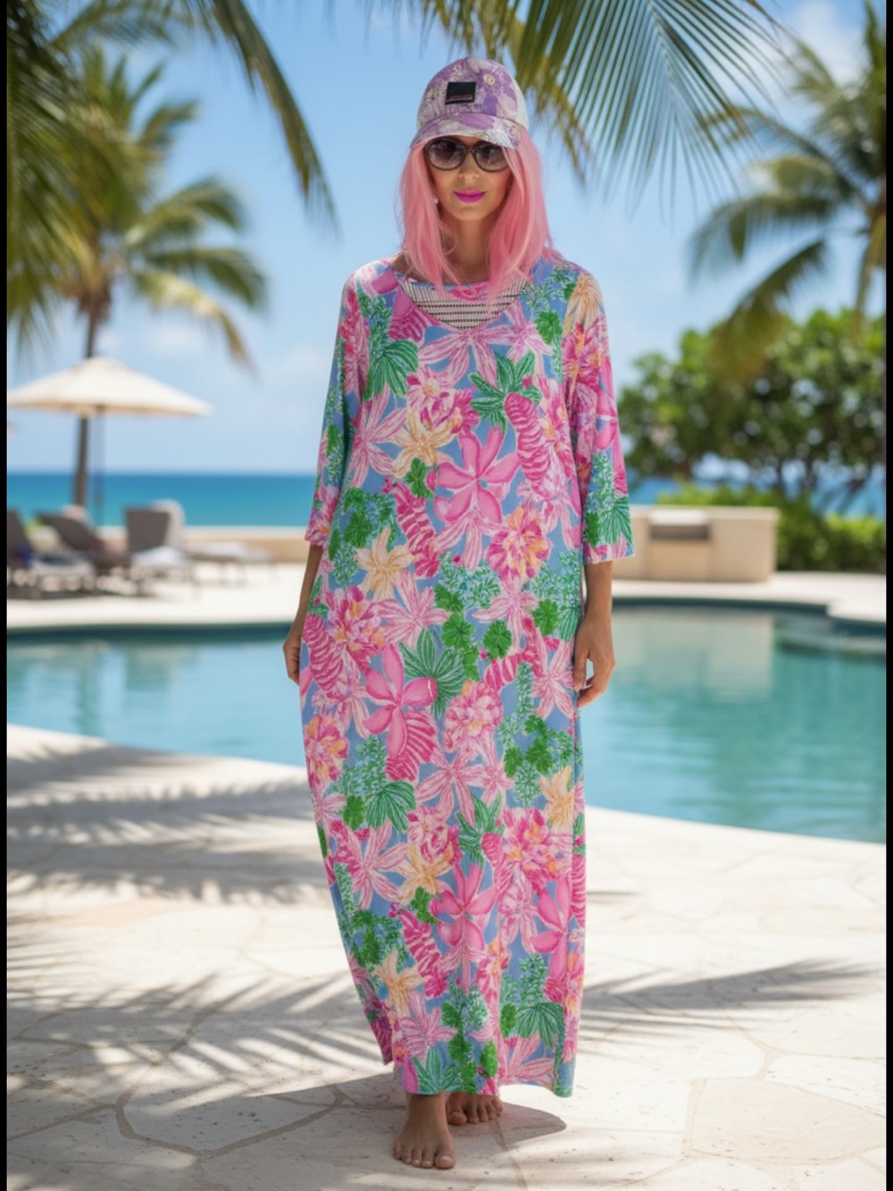 Lilly Pulitzer Pink Floral Maxi Dress with Green Leaf Print Morgan Maxi